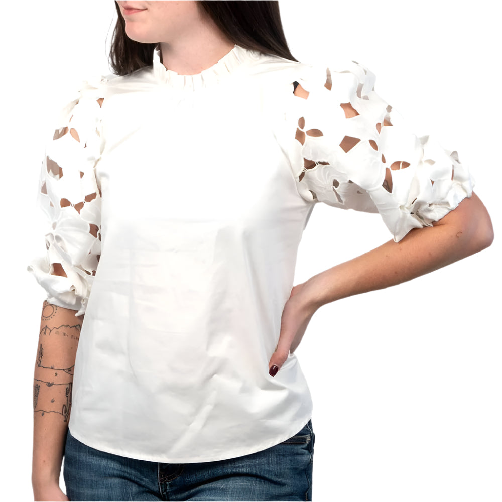 Poplin Floral Eyelet Sleeve Top WOMEN - Clothing - Tops - Short Sleeved THML Clothing