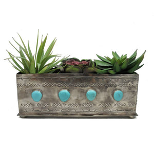 J. Alexander Hand Stamped Silver Planter With Turquoise Stones HOME & GIFTS - Home Decor - Decorative Accents J. Alexander Rustic Silver   