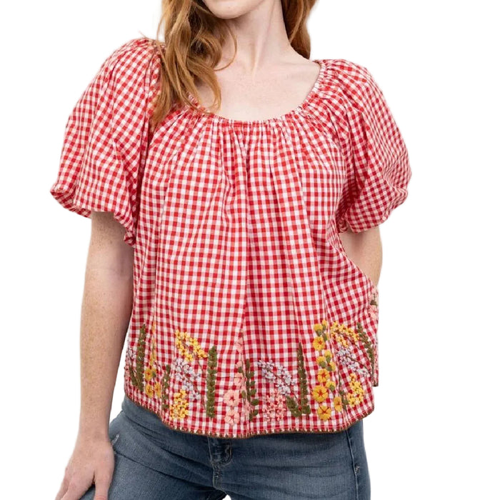 Ivy Jane Gingham Flowers Top - Red