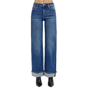 Risen Tummy Control High Rise Wide Leg Cuffed Jeans WOMEN - Clothing - Jeans Risen Jeans