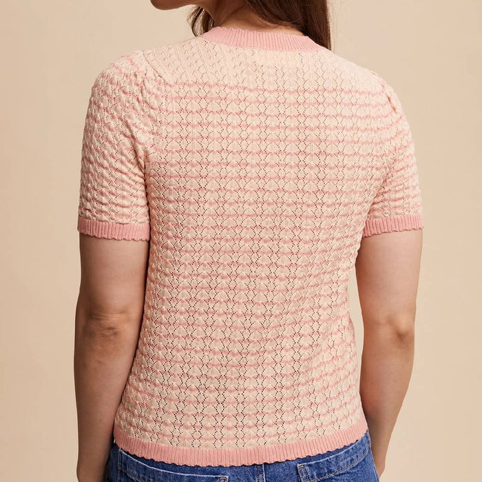 * Striped Lace Knit Sweater - Peach - FINAL SALE WOMEN - Clothing - Tops - Short Sleeved Listicle