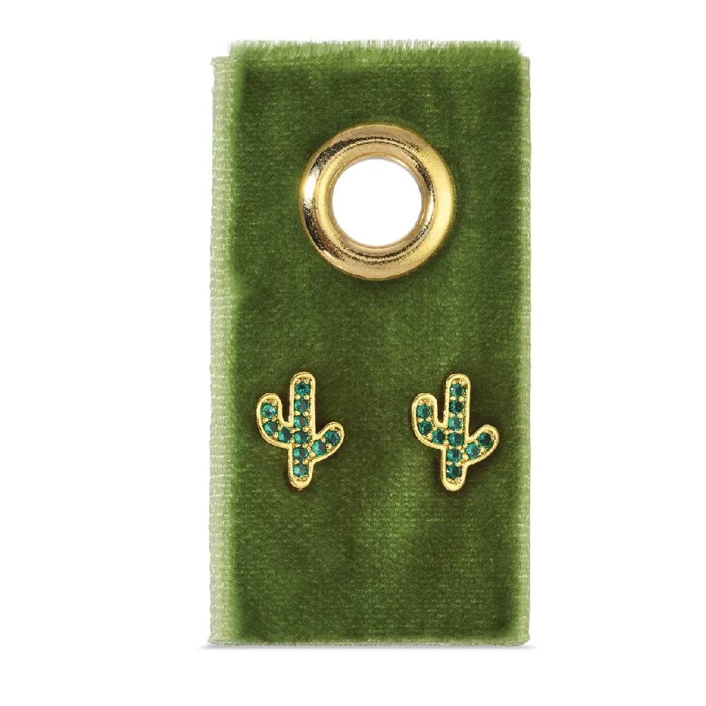 Green Pave Cactus Stud Earrings on Velvet Gift Tag