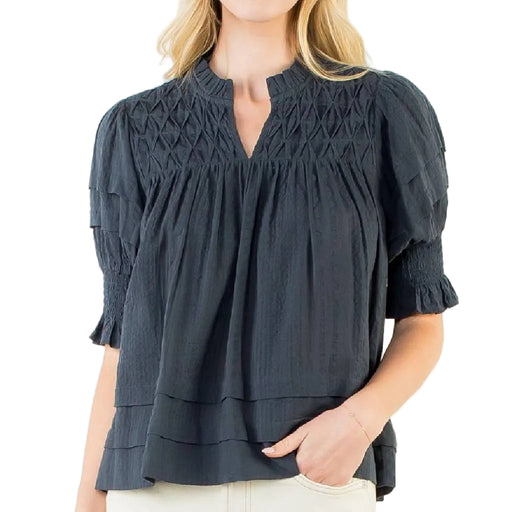 Navy Crinkle Top WOMEN - Clothing - Tops - Short Sleeved THML Clothing