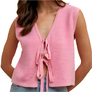 Front Bow Detail Textured Sweater Vest - Bubblegum WOMEN - Clothing - Tops - Sleeveless Anniewear