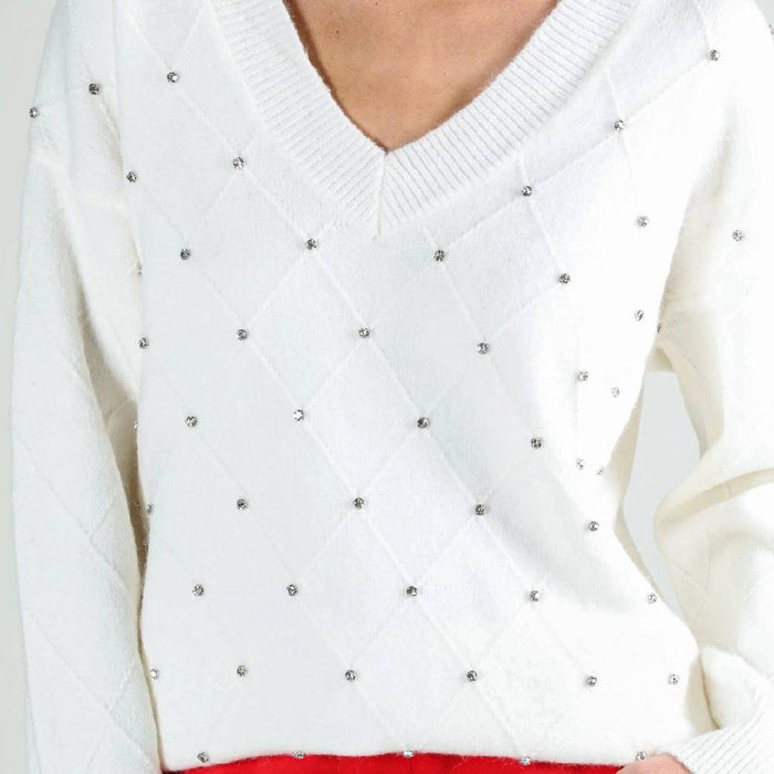 * V-Neck Rhinestone Sweater - FINAL SALE *Size S WOMEN - Clothing - Sweaters & Cardigans Vine & Love