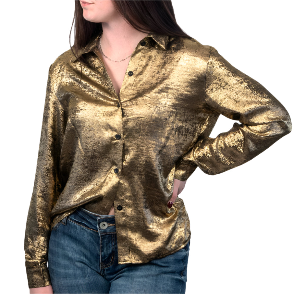 Glam Satin Gold Partywear Shirt - FINAL SALE WOMEN - Clothing - Tops - Long Sleeved Today Fashion