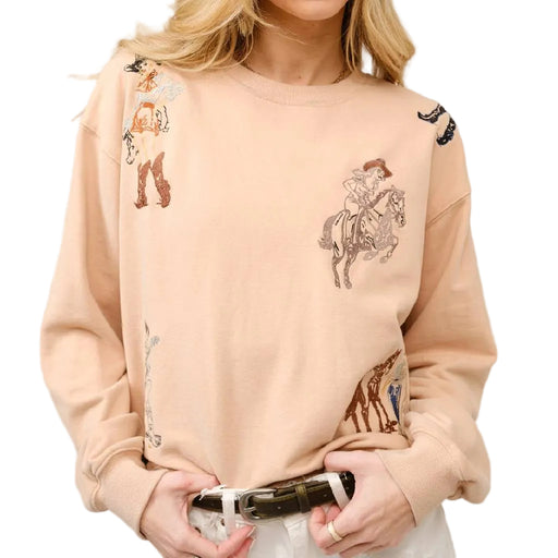 Tan Western Motif Embroidered Sweatshirt WOMEN - Clothing - Pullovers & Hoodies Blue B