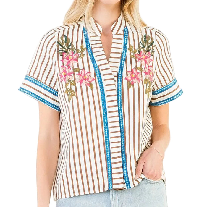 Stripe Floral Embroidered Brown Top