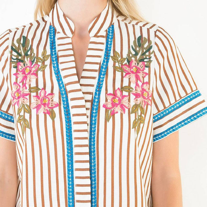Stripe Floral Embroidered Brown Top