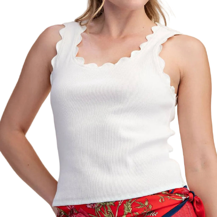 Glam Women’s White Scalloped Scoop Neck Tank Top WOMEN - Clothing - Tops - Sleeveless Glam