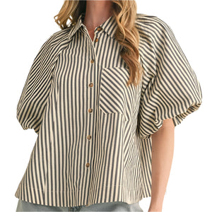 Striped Bubble Sleeve Button Down Top WOMEN - Clothing - Tops - Short Sleeved En Merci