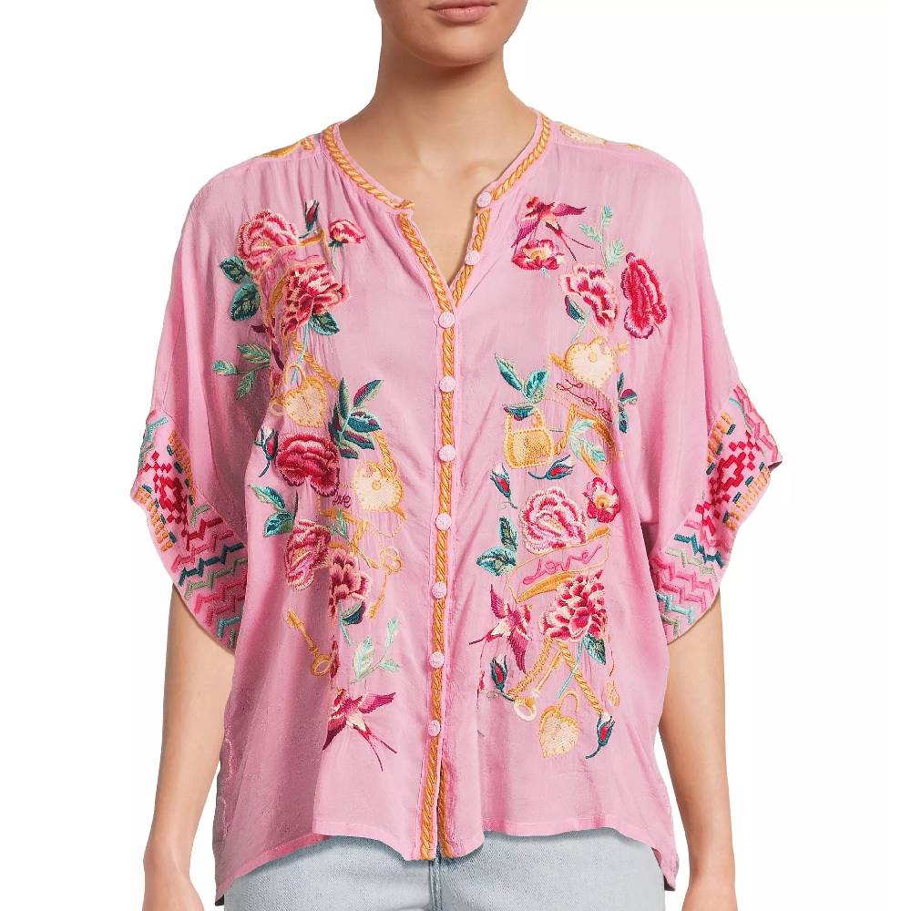 Johnny Was Roylane Embroidered Floral Blouse WOMEN - Clothing - Tops - Short Sleeved Johnny Was Collection