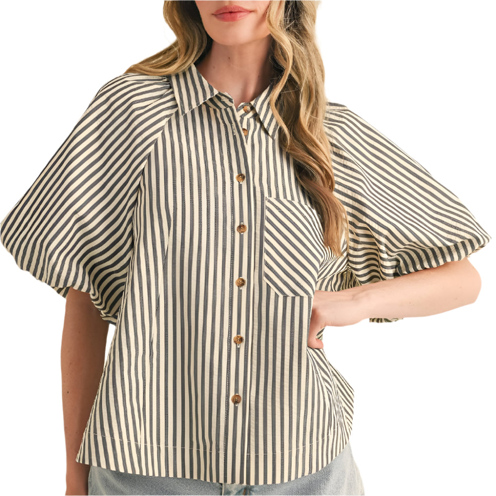 Striped Bubble Sleeve Button Down Top WOMEN - Clothing - Tops - Short Sleeved En Merci