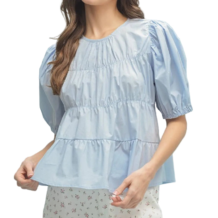 Poplin Puff Sleeve Blue Blouse