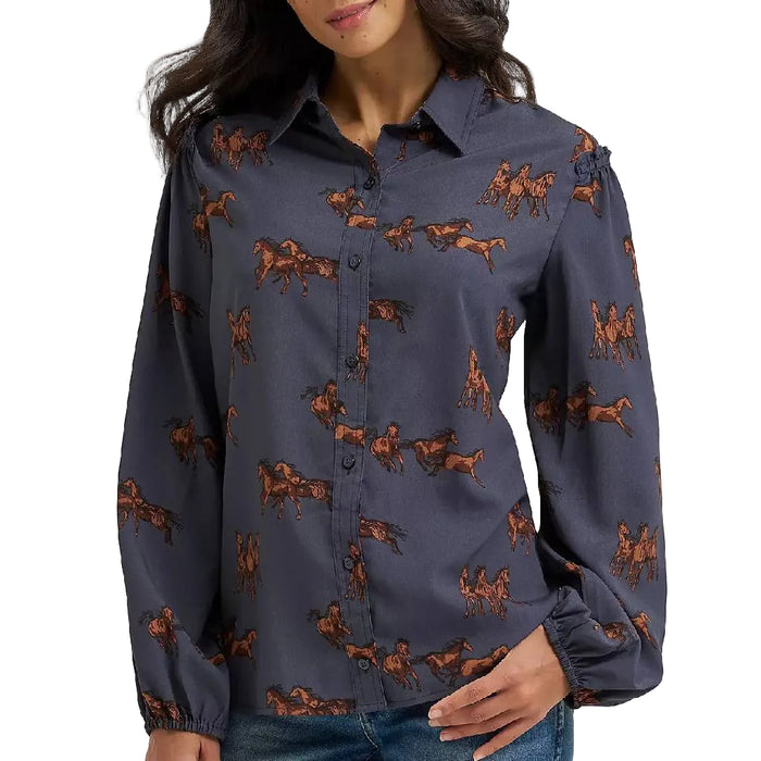 Wrangler Women's Drapey Horse Print Button Up Top