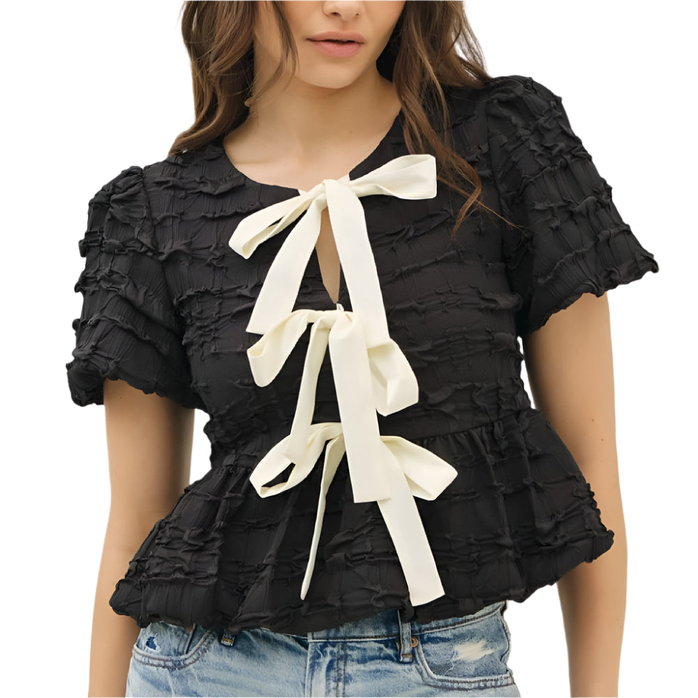 Bubble Babydoll Blouse With Bow - Black