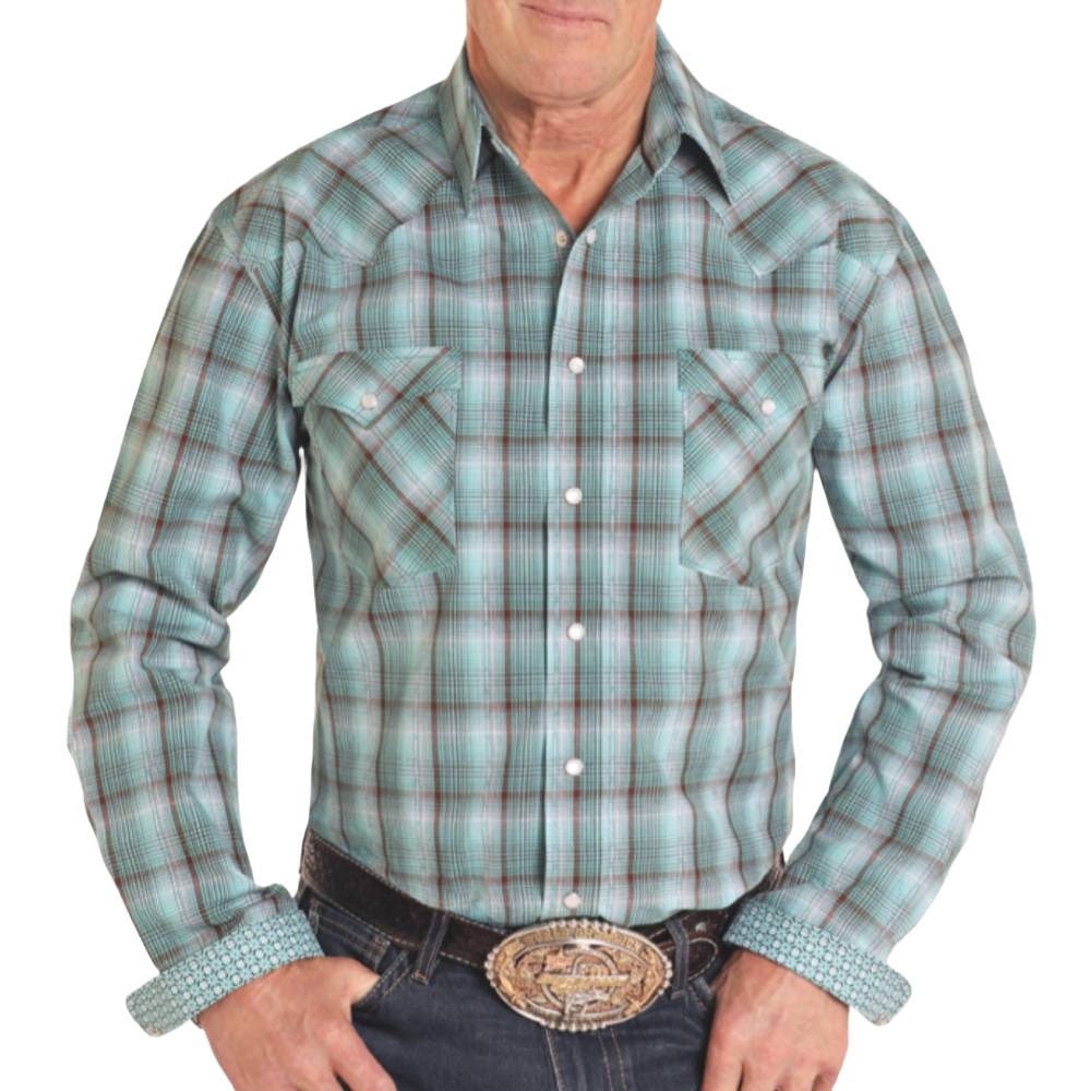 Panhandle Men's Rough Stock Turquoise Dobby Plaid Shirt MEN - Clothing - Shirts - Long Sleeve Panhandle