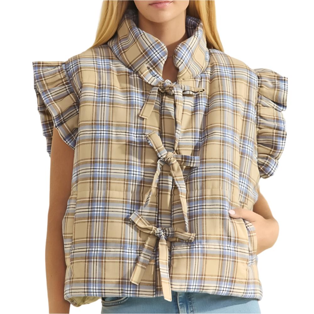 Plaid Ribbon Tie Puff Vest WOMEN - Clothing - Outerwear - Vests Oddi Clothing