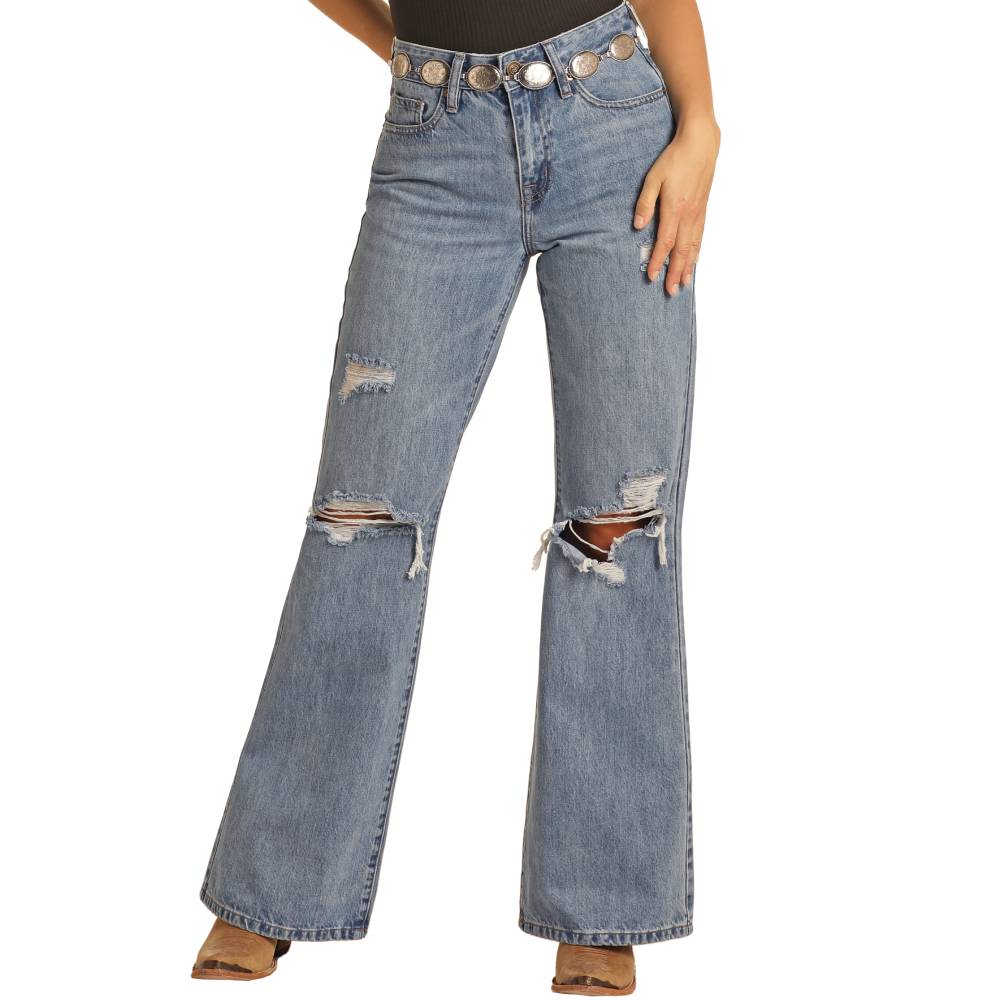 Rock & Roll Denim Women's High Rise Distressed Flare Jeans