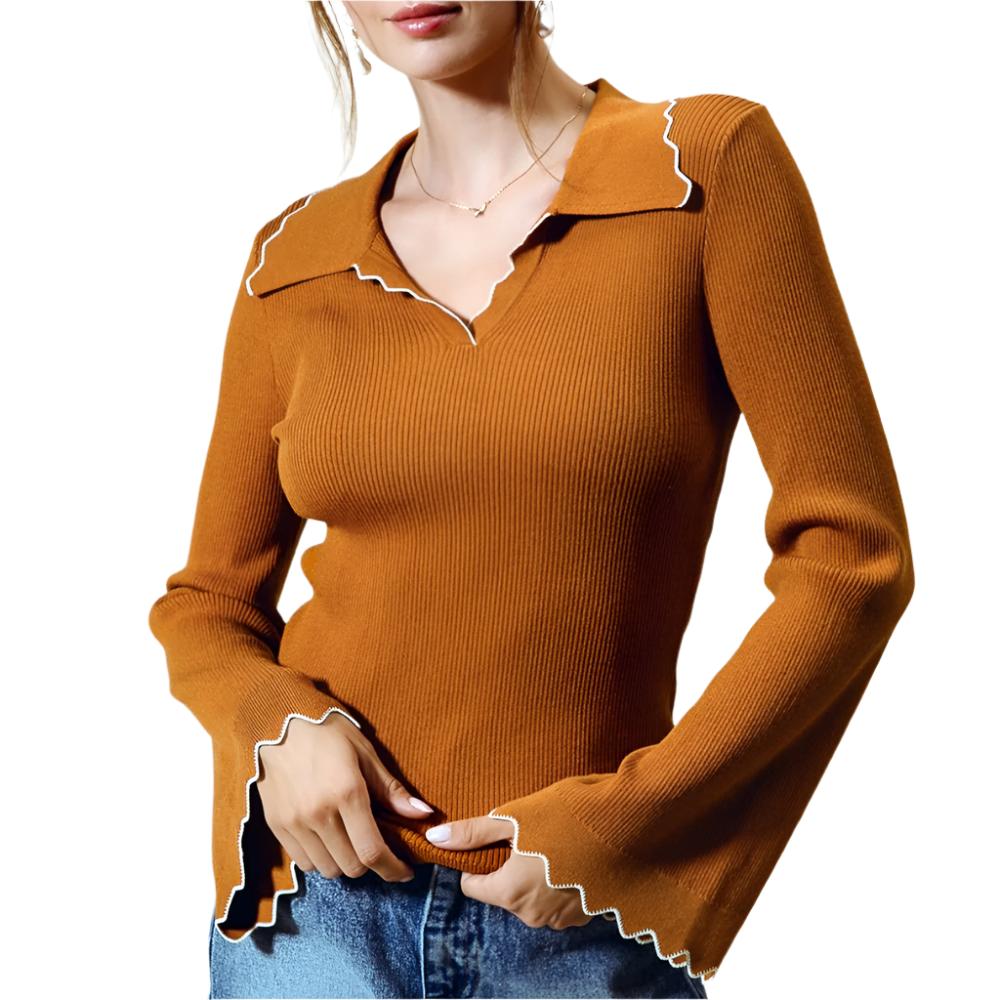 Rib Knit Scalloped Edge Top WOMEN - Clothing - Tops - Long Sleeved So Me   