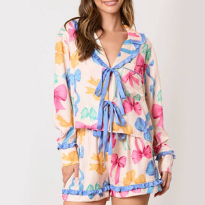 Ribbon Printed Pajama Set WOMEN - Clothing - Loungewear Peach Love California   