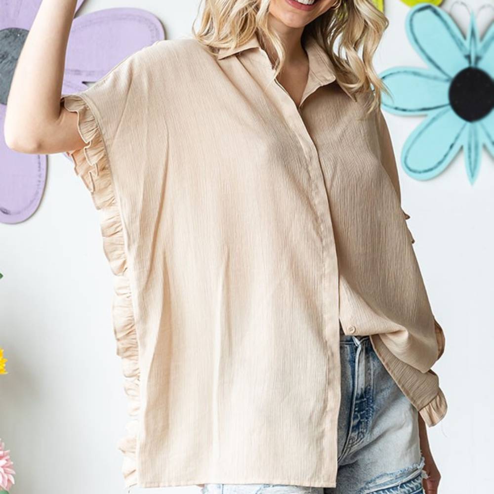 Ruffle Trim Crinkle Top WOMEN - Clothing - Tops - Short Sleeved First Love   