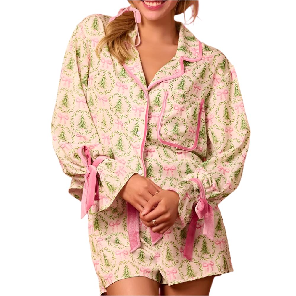 Satin Christmas Tree Pajama Set - FINAL SALE WOMEN - Clothing - Loungewear Peach Love California