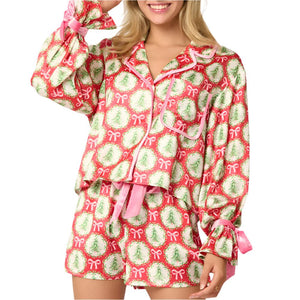 Satin Christmas Tree Pajama Set WOMEN - Clothing - Loungewear Peach Love California   