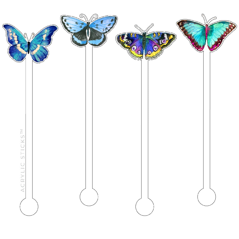 Spring Butterflies In Blue Acrylic Stir Sticks - 4 Pack Home & Gifts - Tabletop + Kitchen - Bar Accessories Acrylic Sticks   