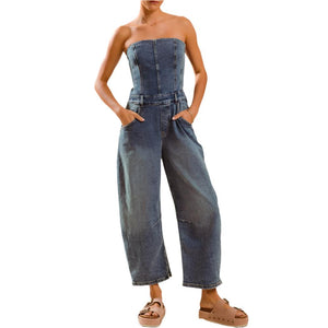 Strapless Barrel Leg Denim Jumpsuit WOMEN - Clothing - Jumpsuits & Rompers So Me   