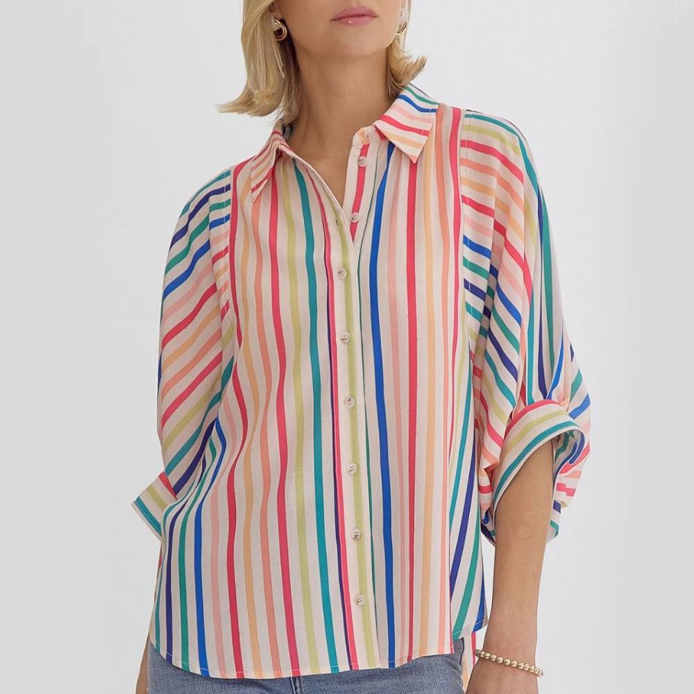 Stripe Print Button Blouse WOMEN - Clothing - Tops - Short Sleeved Entro   