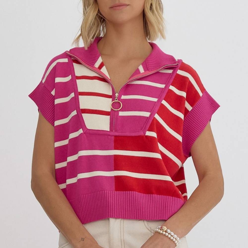 Striped Half Zip Cropped Sweater Top WOMEN - Clothing - Tops - Short Sleeved Entro   