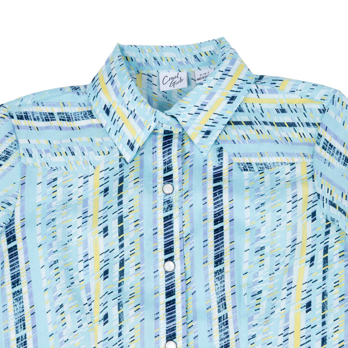 Cruel Denim Girl's Light Blue Geo Print Pearl Snap Top