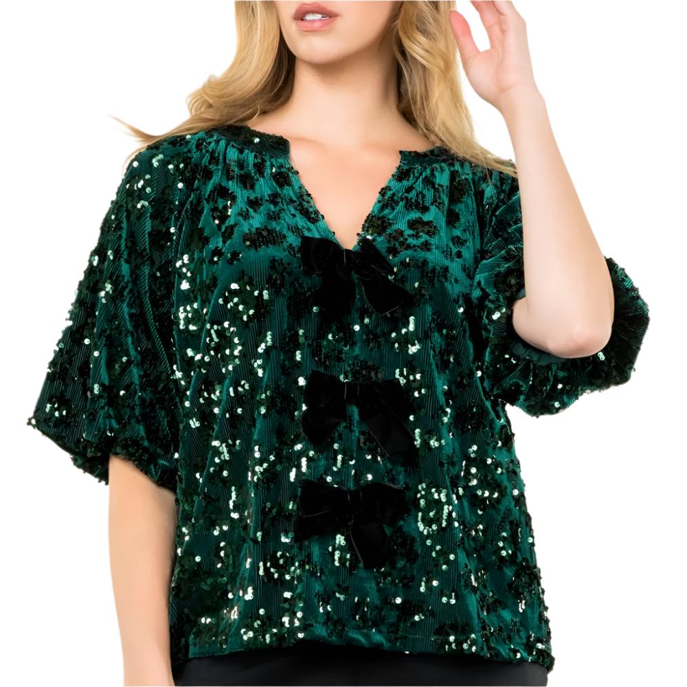 Velvet Sequin Bow Detail Top WOMEN - Clothing - Tops - Short Sleeved THML Clothing   