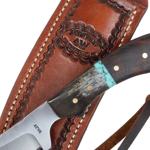 Justin Wiley Wood & Turquoise Carbon Steel Hunting Knife w/ Leather Sheath Knives Justin Wiley