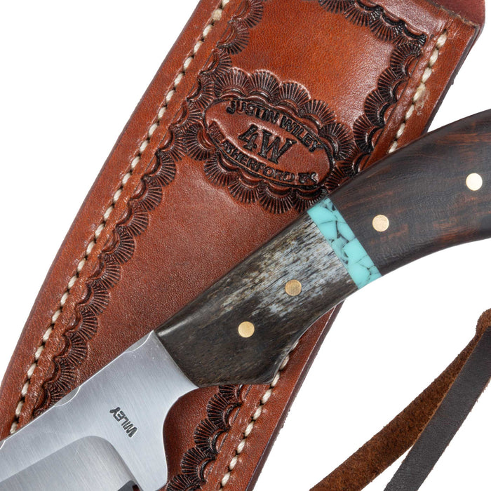 Justin Wiley Wood & Turquoise Carbon Steel Hunting Knife w/ Leather Sheath