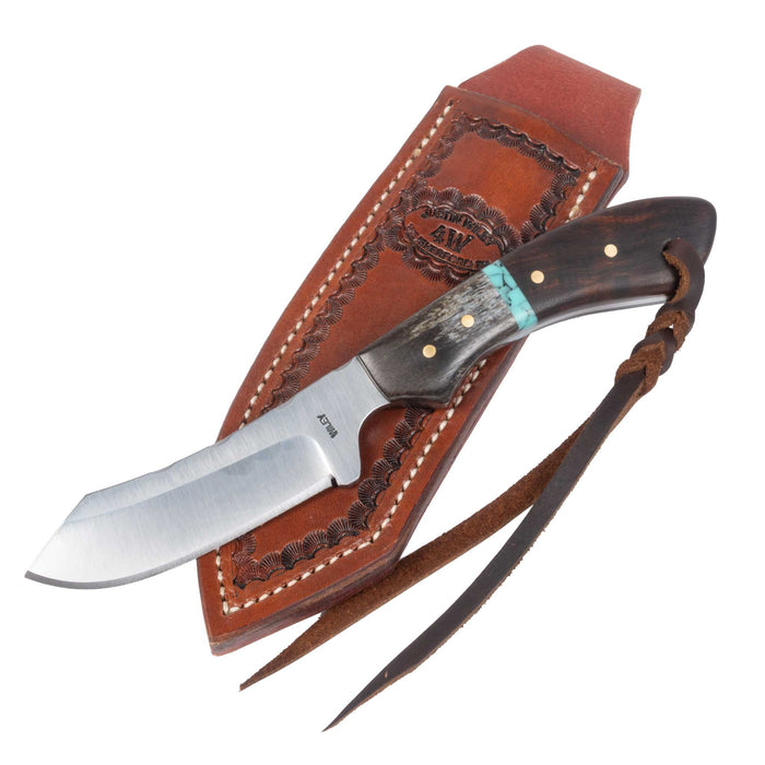 Justin Wiley Wood & Turquoise Carbon Steel Hunting Knife w/ Leather Sheath