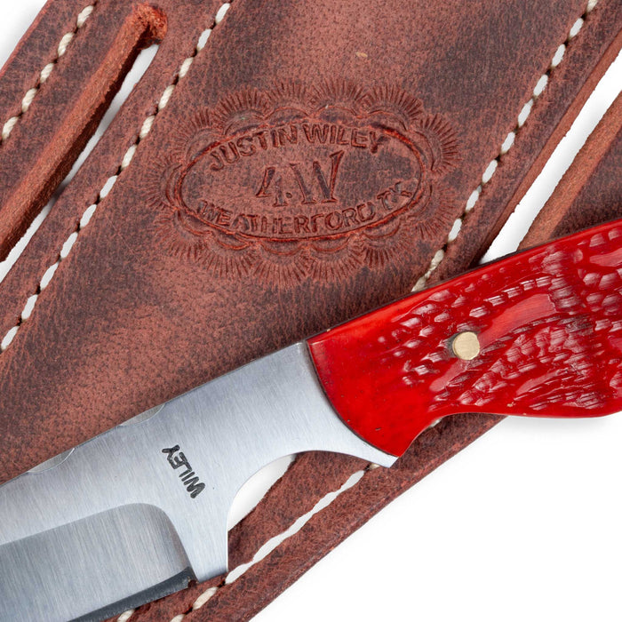 Justin Wiley Textured Red Bone Drop Point Knife w/ Leather Sheath