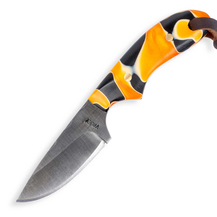 Justin Wiley Black & Orange Resin Drop Point Knife w/ Leather Sheath