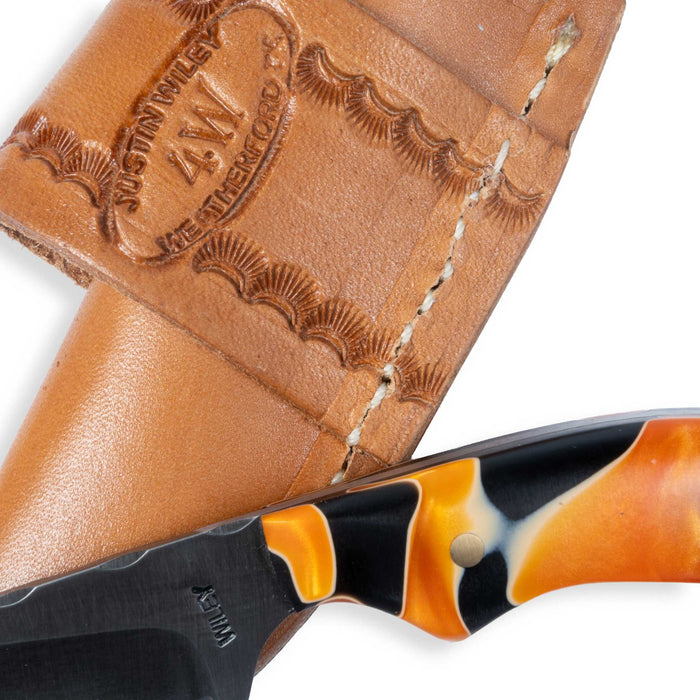 Justin Wiley Black & Orange Resin Drop Point Knife w/ Leather Sheath