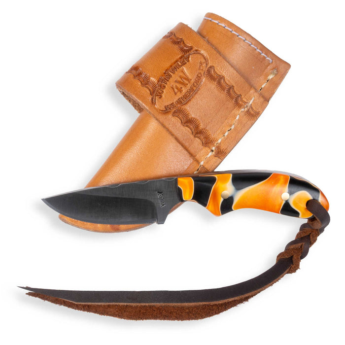 Justin Wiley Black & Orange Resin Drop Point Knife w/ Leather Sheath