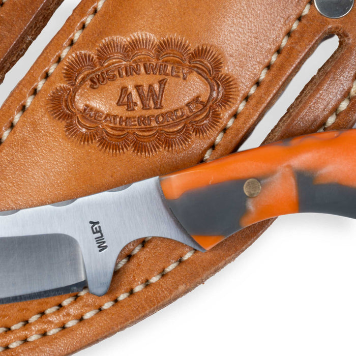 Justin Wiley Orange & Gray Resin Skinner Knife w/ Leather Sheath