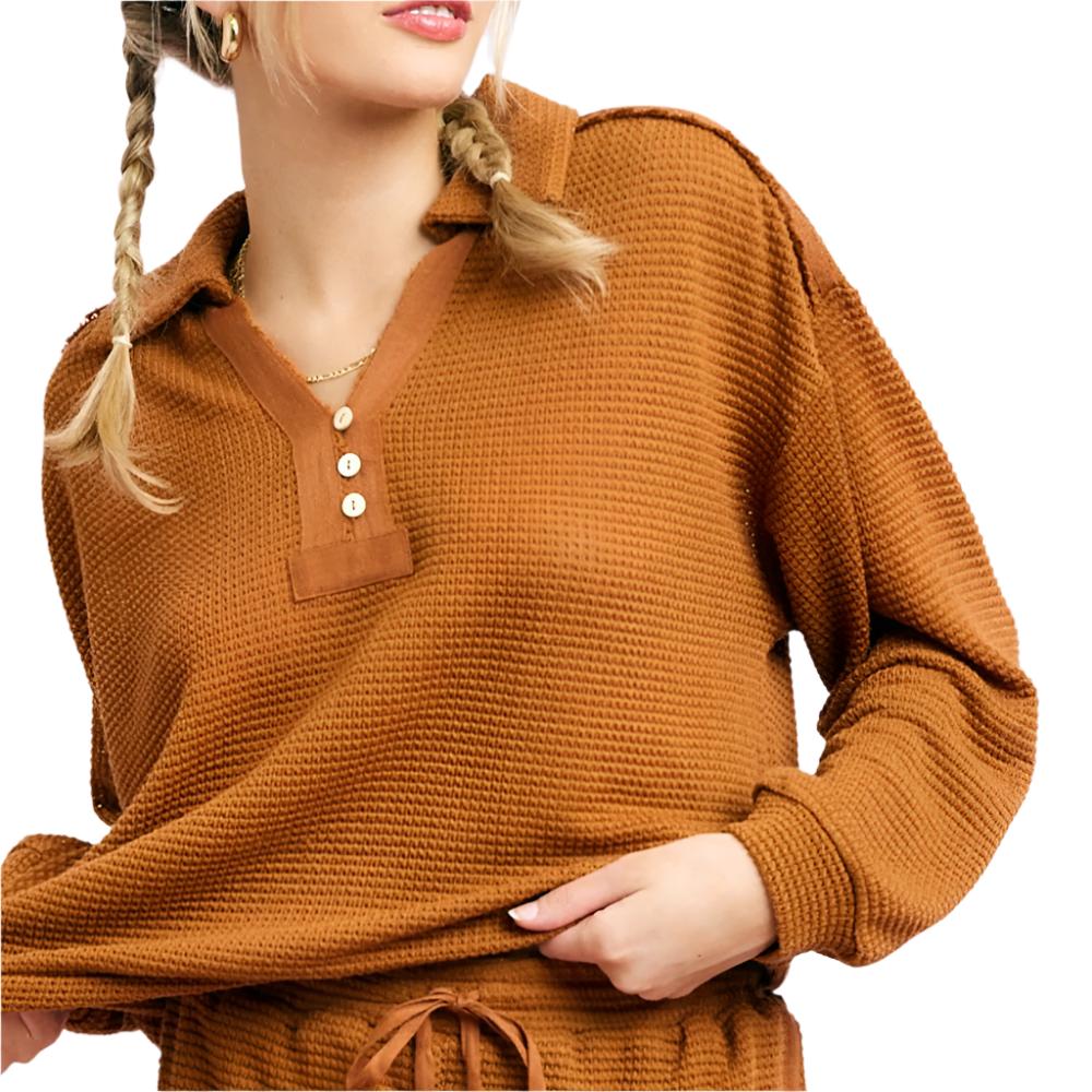 Waffle Knit Top WOMEN - Clothing - Tops- Long Sleeved Illa Illa   