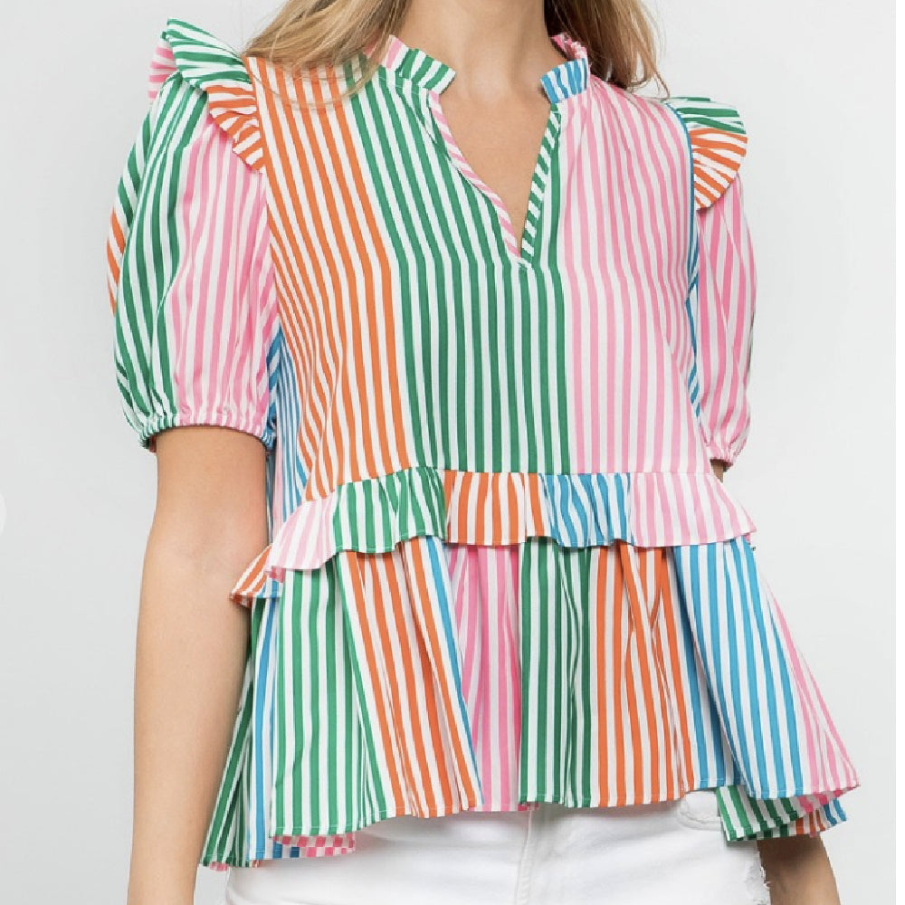 Women's Multicolor Striped Blouse WOMEN - Clothing - Tops - Short Sleeved THML Clothing   