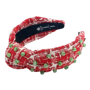 Red And White Tweed Headband w/ Green Glass Beads WOMEN - Accessories - Hair Accessories Brianna Cannon   