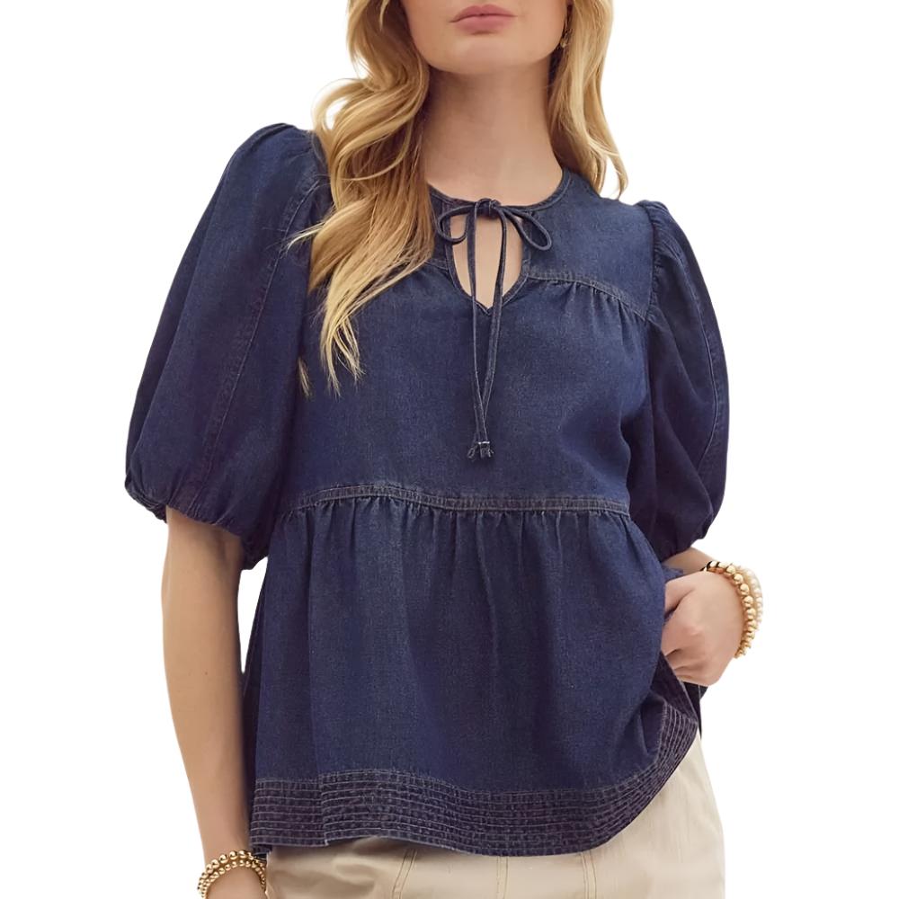 Bubble Sleeve Denim Top WOMEN - Clothing - Tops - Short Sleeved Entro   