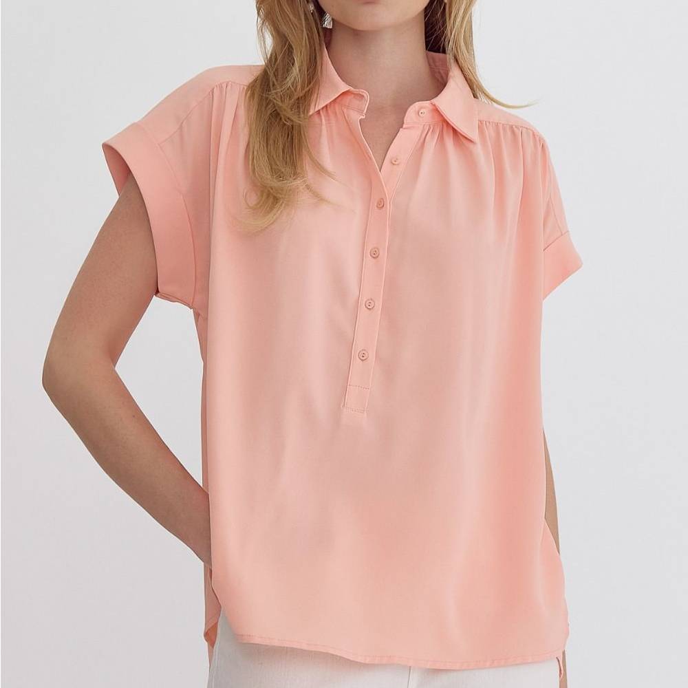 Collared Rolled Sleeve Top WOMEN - Clothing - Tops - Short Sleeved Entro   
