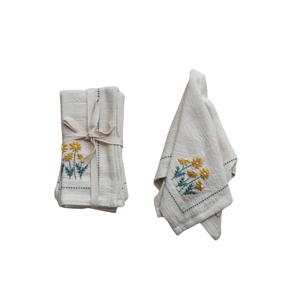 Hand-Embroidery Floral Cotton Napkins - Set of 4 HOME & GIFTS - Tabletop + Kitchen - Kitchen Decor Creative Co-Op   