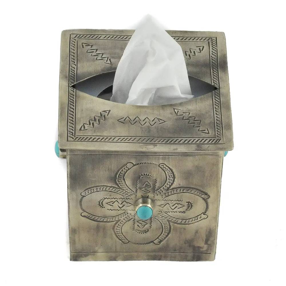 J. Alexander Hand Stamped Tissue Box Cover With Turquoise HOME & GIFTS - Home Decor - Decorative Accents J. Alexander Rustic Silver   