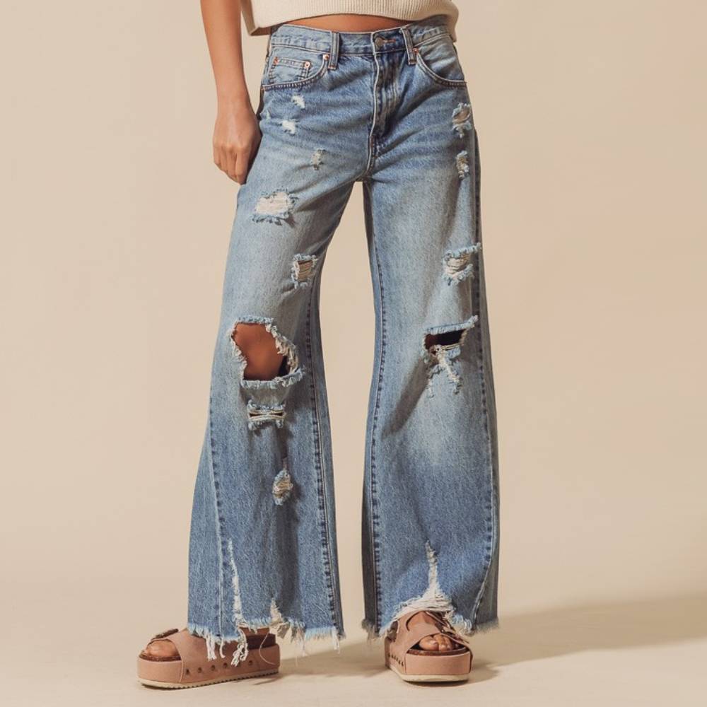 Mid Rise Wide Leg Distressed Jeans WOMEN - Clothing - Jeans So Me   